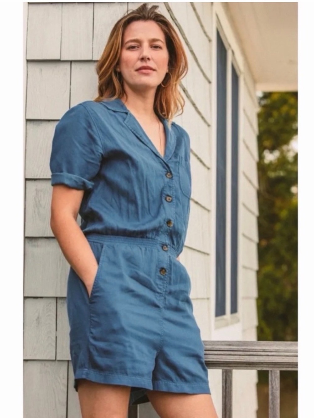 Faherty Arlie Romper Stormy Seas Blue Tencel Linen Button Front Size L